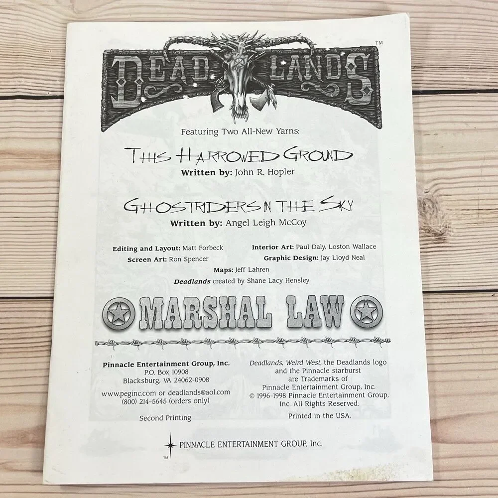 Deadlands Marshal Law Adventure Book 1998 Pinnacle 2nd Print RPG Book -No Screen